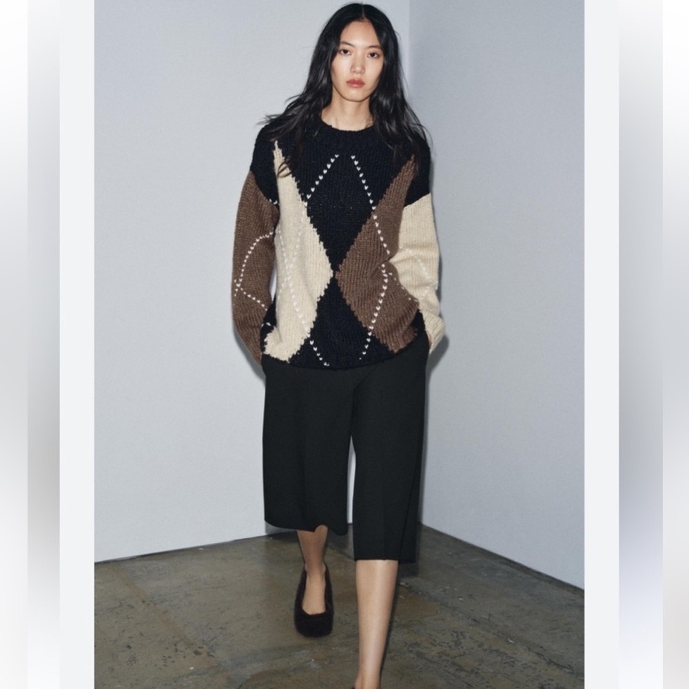 Zara Oversized Argyle Black Brown Cream Slouchy Fit Current Season Sweater XL
